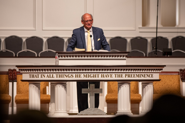 Pastor Jack Trieber preaching to his congregation