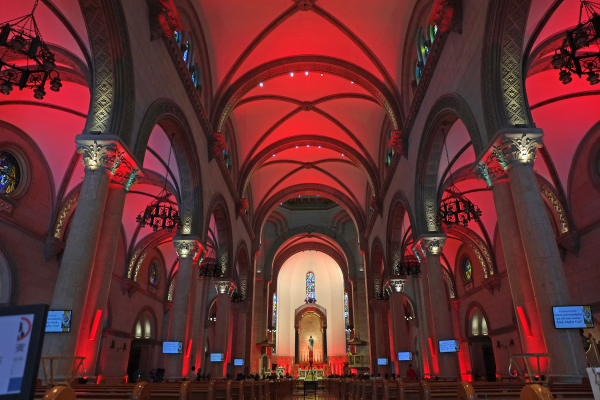Philippines' Manila Cathedral with red lights for 'Red Wednesday."