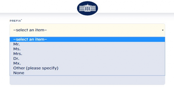 A screengrab of the White House Contact form.
