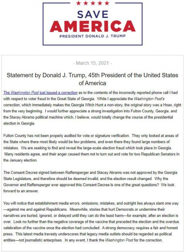 President Donald J. Trump's statement on Washington Post's retraction.
