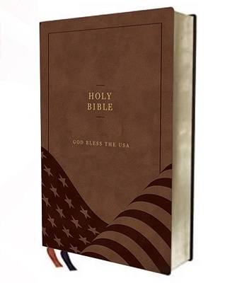 Cropped photo showing the God Bless the USA Bible's cover, featuring the American flag.