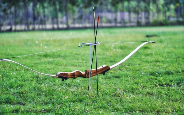 bow with arrows pinned to the ground