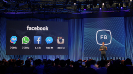 Mark Zuckerberg on stage at Facebook&#039;s F8 Developers Conference 2015