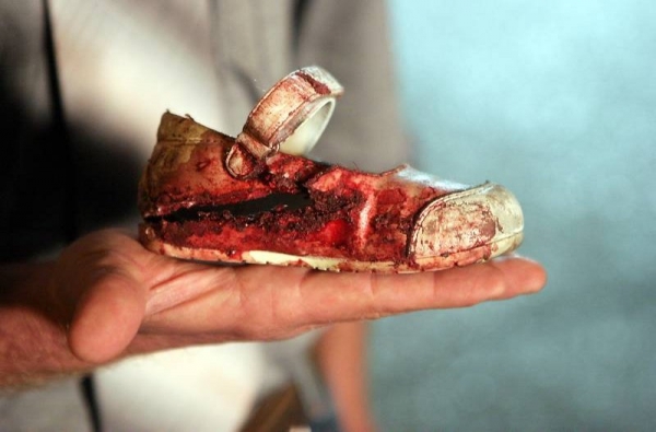 A child's shoe found in a mall after it was hit by a missile fired from the Gaza strip.