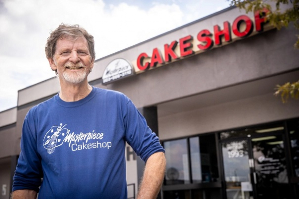 Masterpiece Cakeshop's Jack Philips in front of his store