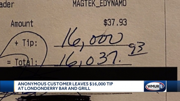 Receipt showing $16000 tip for hardworking waitstaff