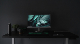 computer screen display monitor dark workstation table