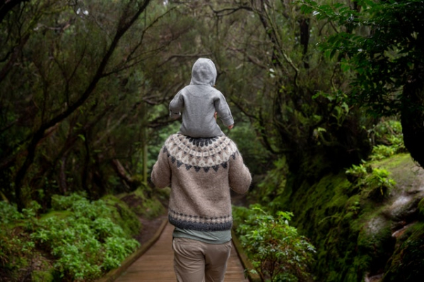 father carrying little child on his shoulders